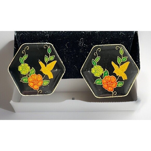 Vintage Cloisonné Bird Clip On Earrings Retro Bird Lovers Gold Tone Hexagon - Picture 3 of 10